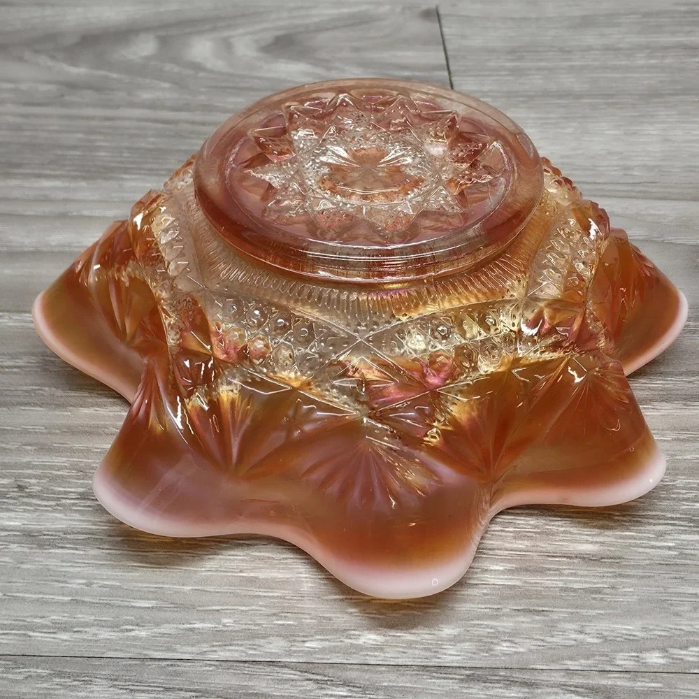 Dugan Ski Star Style‎ Ruffled Bowl - Peach Opal Carnival Glass 6